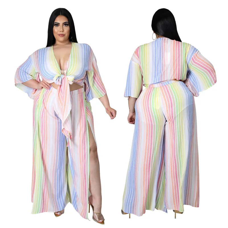 

LW-1603 Striped half sleeve crop bow on the chest with full length pants 2 pieces plus size sets xl-3xl-5xl