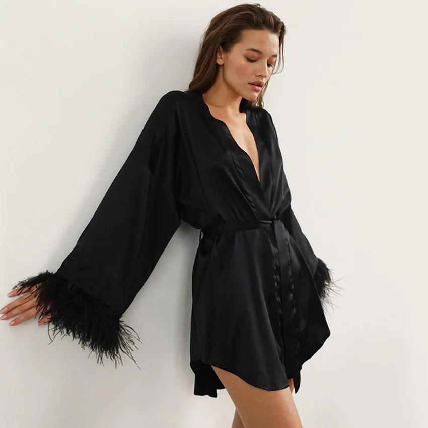 

China Supplier Korean European Sleepwear Fashion Pajamas, Silk Satin Feather Sleepwear Robe, Premium Sleepwear, Picture shows