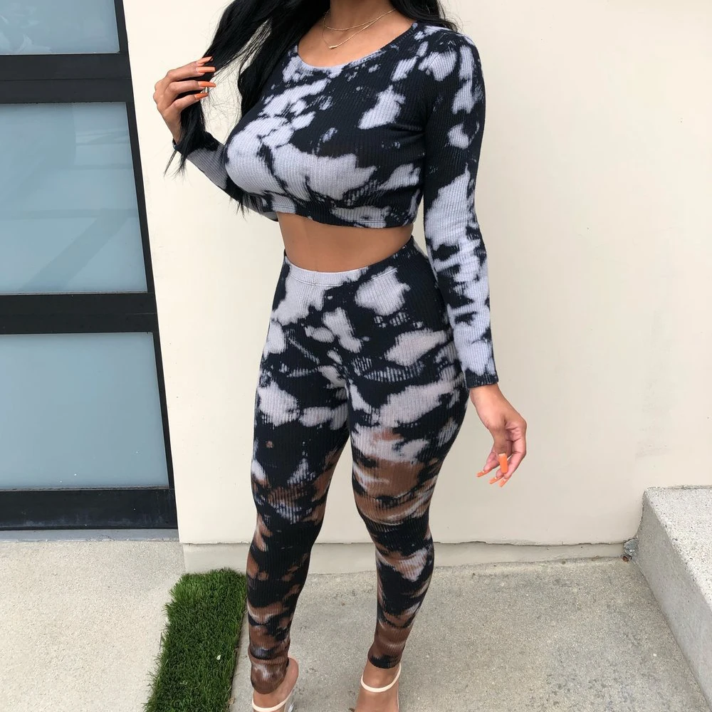 

FS2260D women long sleeve tie dye tops and pants two piece sets casual Outfit