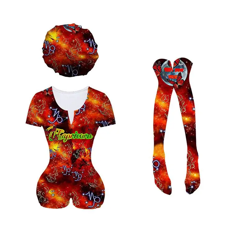 

2021 Sexy Night Wear Short long sleeves Bodycon Romper Bodysuit zodiac Onesie Pajamas Women's Sleepwear with bonnet and socks