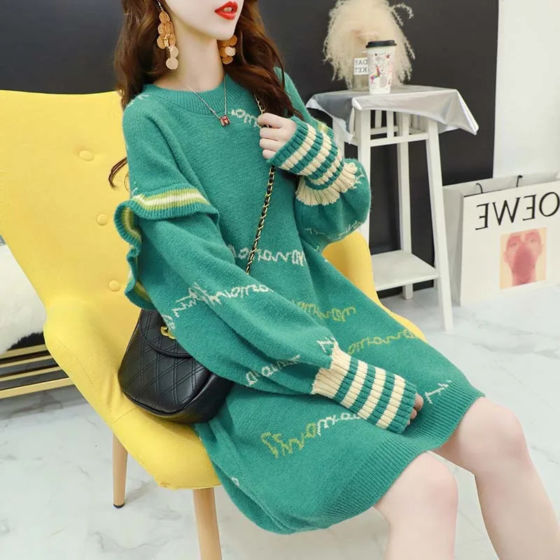 

New arrival crew neck long sleeve loose fit women sweater dress