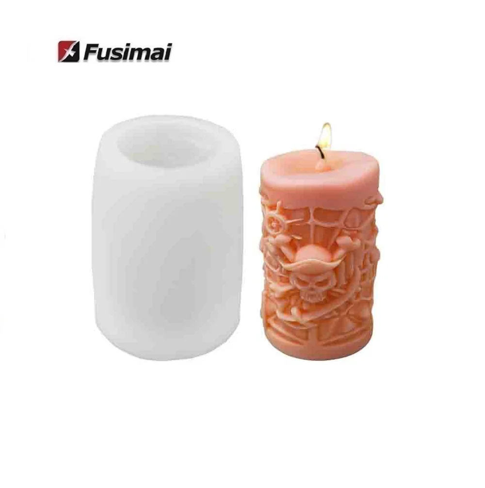 

Fusimai Halloween Column Wax Silicon Mould Demon Pirate Skulls Pattern Cylindrical Silicone Candle Molds