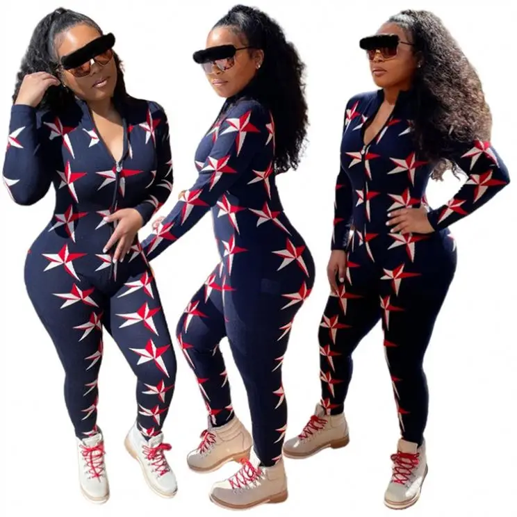 

Best Seller Zipper Long Sleeve Stars Printing Fall Clothes 2021 Woman Bodycon Jumpsuits Rompers For Women