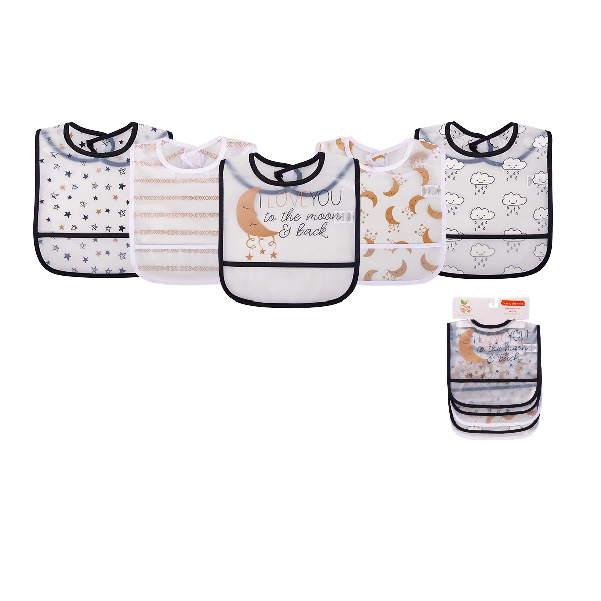 

Best quality PEVA bibs gift set feeding training waterproof baby bibs with 5pcs