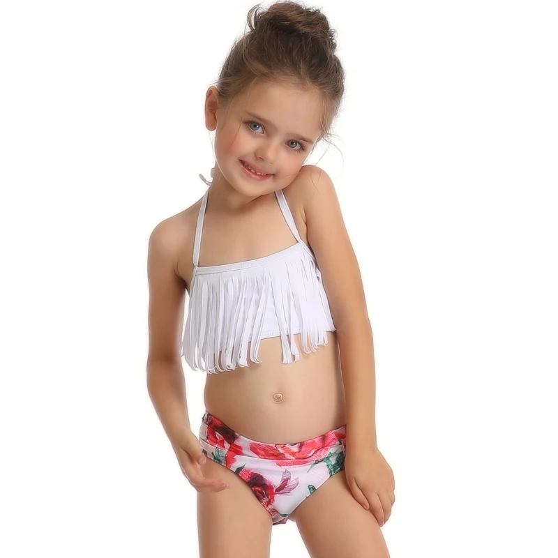 

Hot selling two-piece cute swimsuit for girls with white tassels