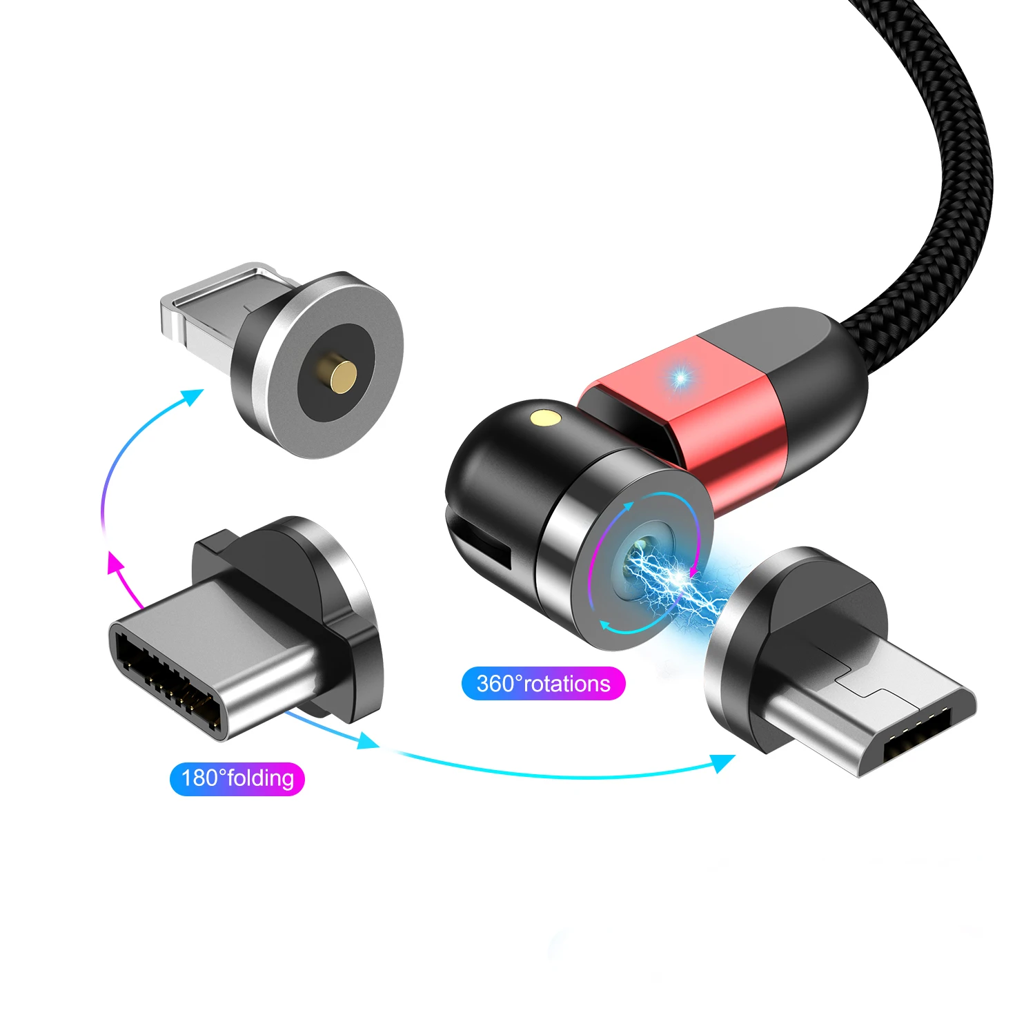 

USLION 1M 2M Multi Magic Rope Charger Magnet Cable Alloy Nylon 540 Degree Magnetic Charging Cable Led for iphone micro usb type, Black/red/silver/purple