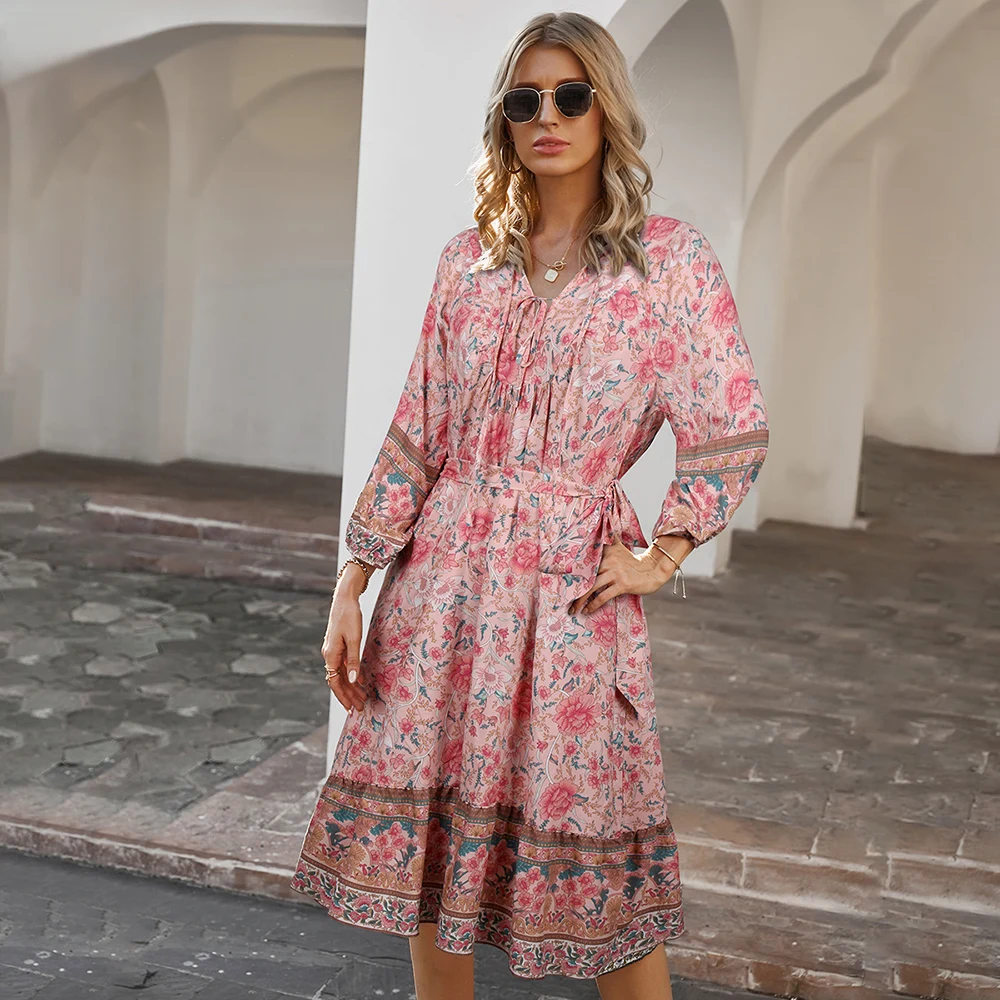 

Women's Boho Holiday Dress Long Sleeve Elegant Floral Women Dress with Waist Belt