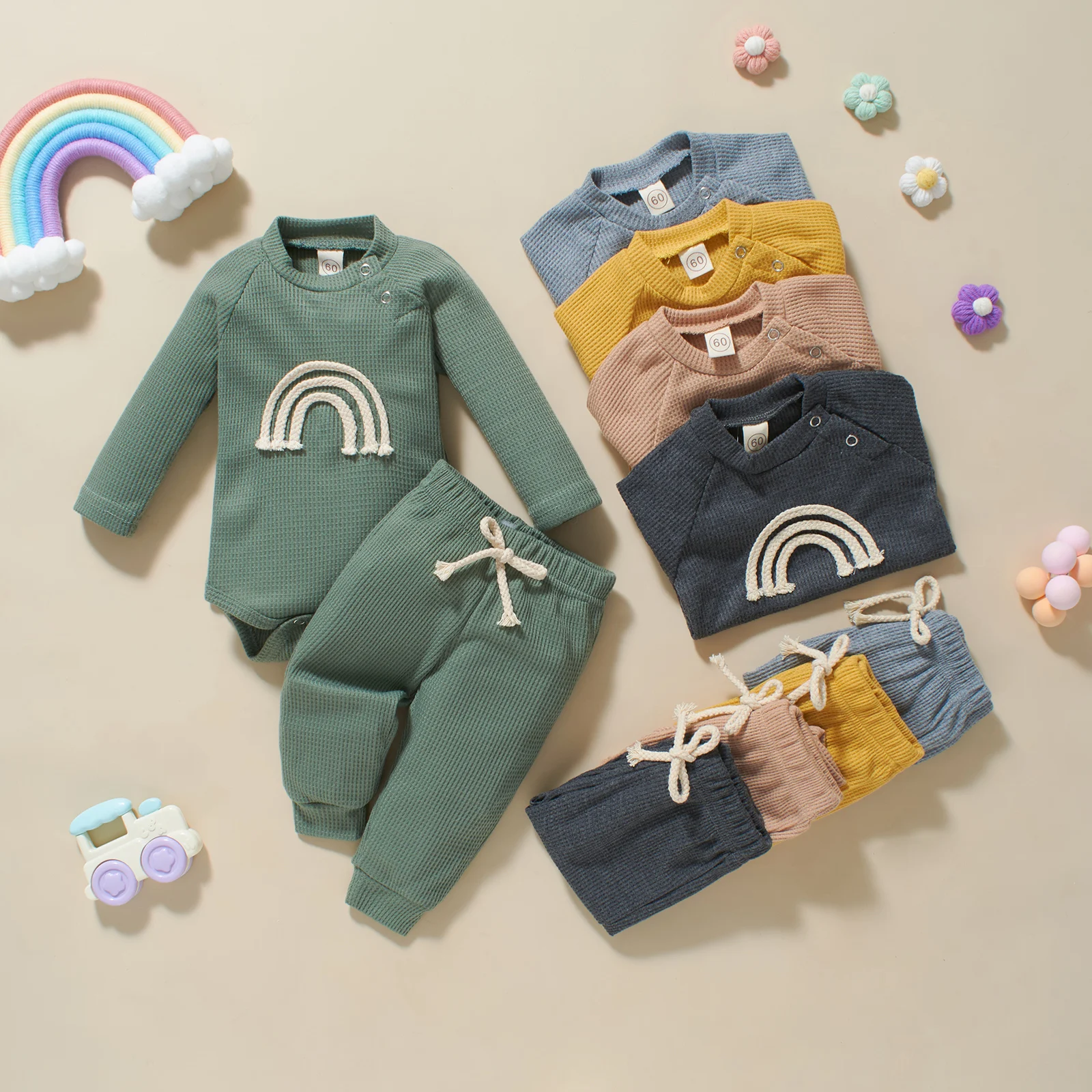 

RTS Infant Toddler Clothes Waffle Rainbow Embroidery Girls Boys Pullover Pants Baby Outfits Set, Photo showed and customized color