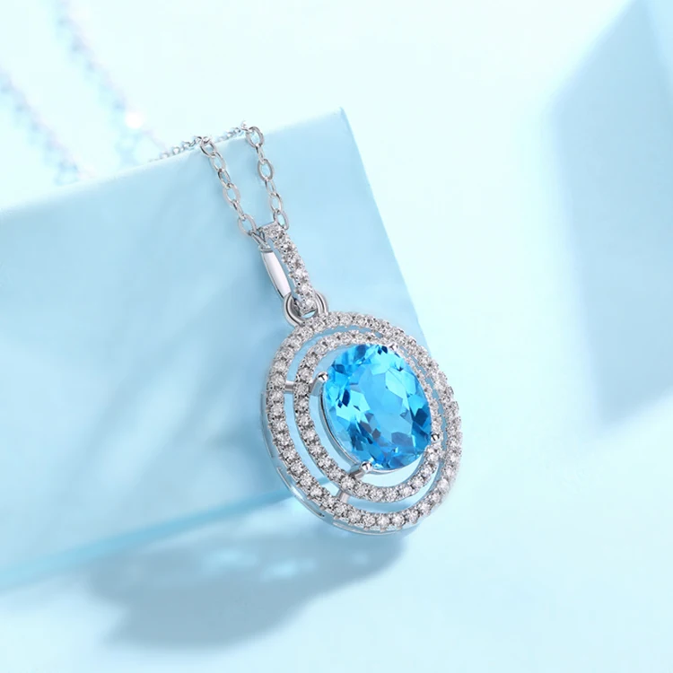 

Real Pure 925 Sterling Silver 3 Carat Oval Blue Topaz Necklace for Woman Around Moissanite Fine Jewelry Women Pendant Necklace