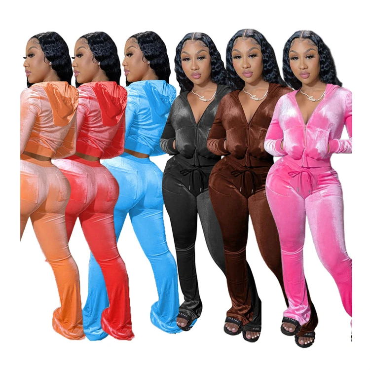

D12049 Fall winter 2021 women clothes long sleeve velvet hoodie tracksuit casual two piece sets for ladies