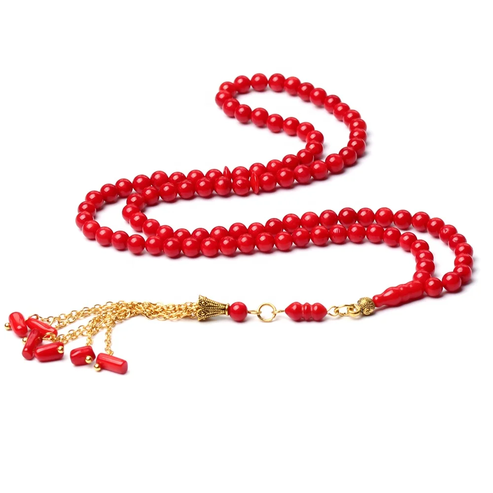 

Wholesale Natural Red Coral Stone Rosary Sibha Round 5.5mm 99 beads Islamic Prayer Beads Muslim Tespih Silver Tasbih