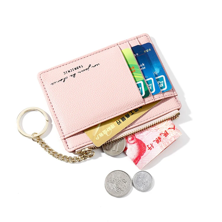 

Fashion Women Small Zipper Slim Short Wallet Leather Coin Purse Card Holder With Alloy Keychain, Pink,sky,navy,green,black,yellow,brown,gray,red