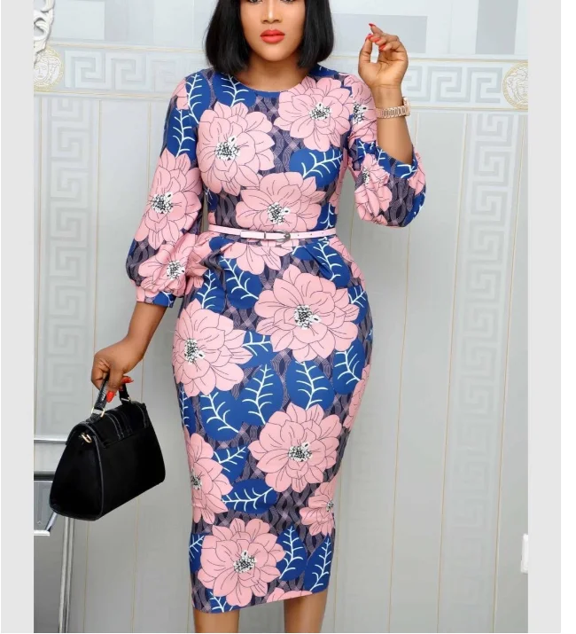 

Slim Pencil Floral Printed Belt Slit Lantern Sleeves Lady Casual Dress, As photo
