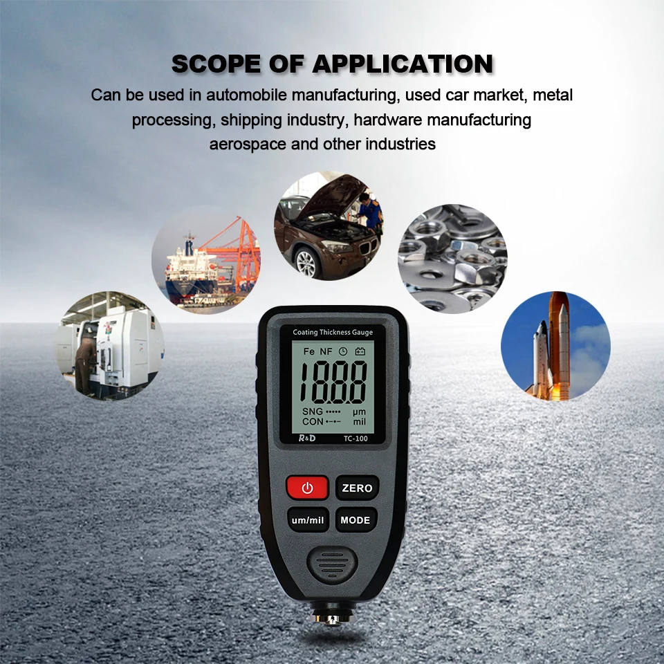 
R&D TC100 Coating Thickness Gauge 0.1micron/0-1300 Car Paint Film Thickness Tester Measuring FE/NFE Russian Manual Paint Tool 