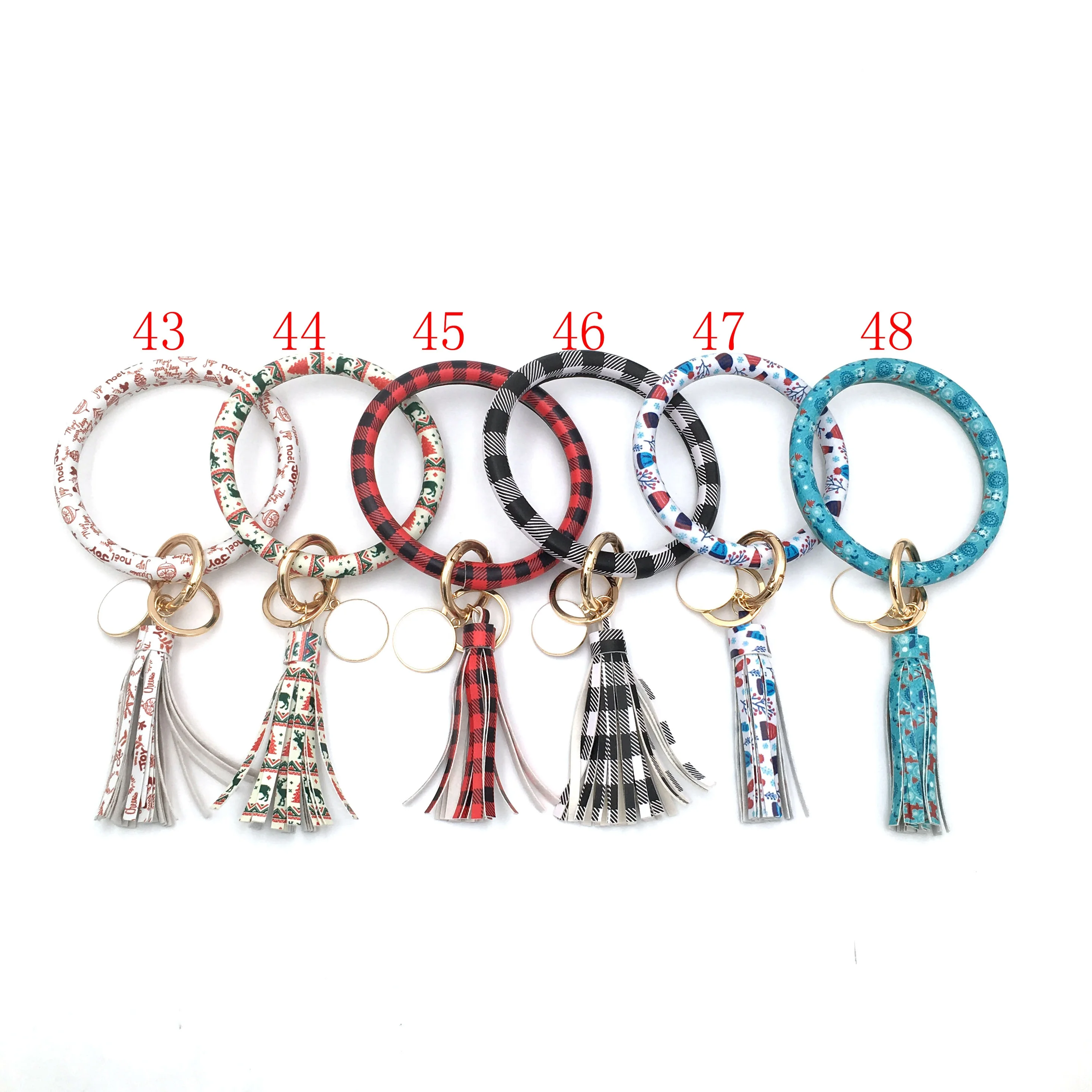 

Red Plaid Patterns Keychain Monogram Disc Long Tassel White Keyring PU Printing Bangle O Leather Christmas Bracelet, As picture