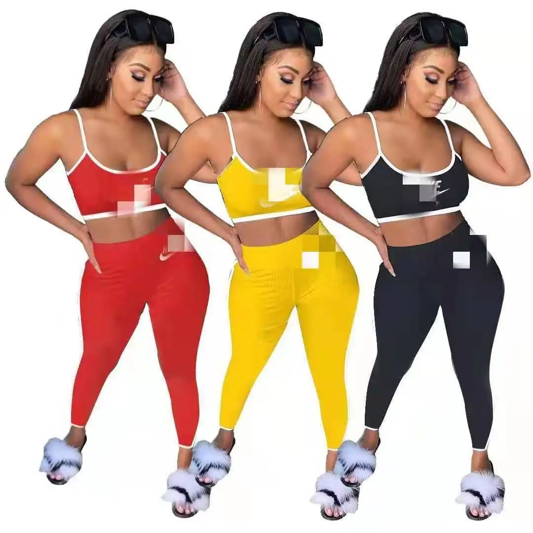 

XUAN0042021 New ladies jogging 2 piece set solid color sleevesness sportswear sports casual plus size two piece women set, Picture