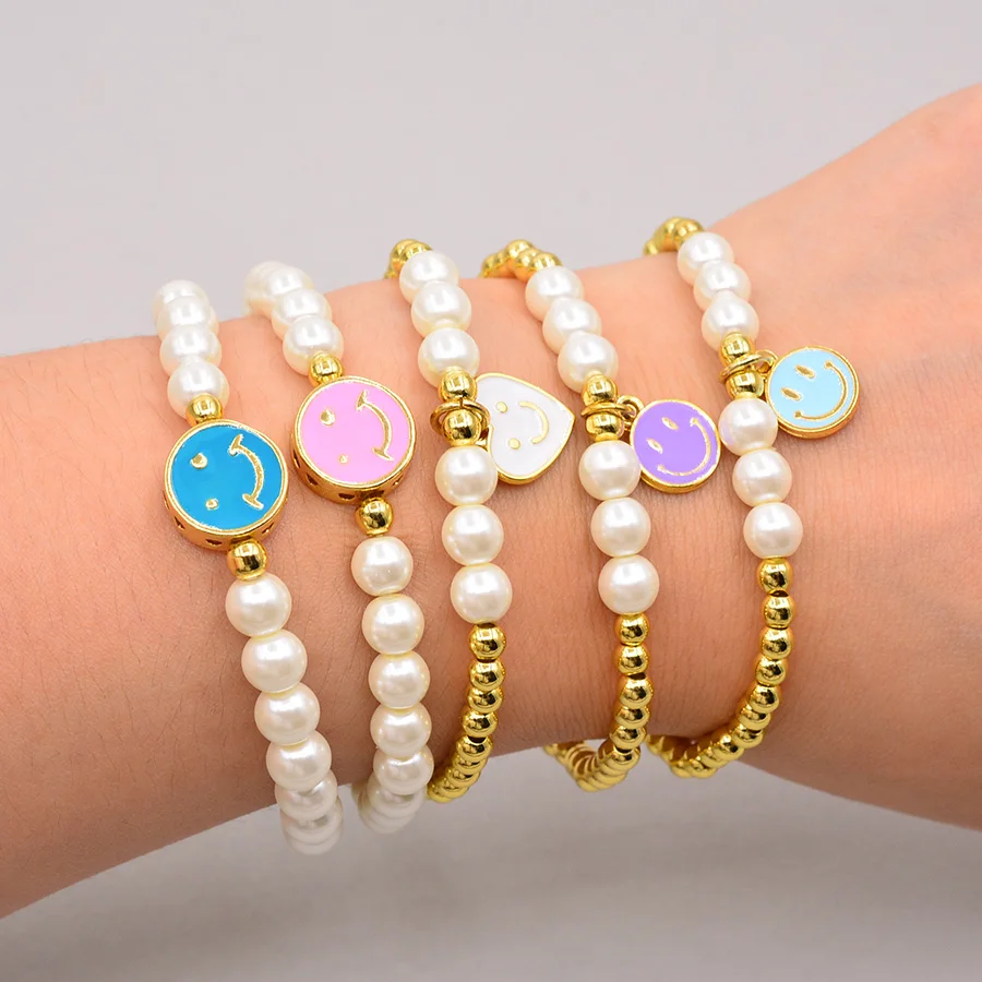 

Women Enamel Charms Stainless Steel Ball Happy Stackable Beaded Pearl Smiley Face Bracelet Sets