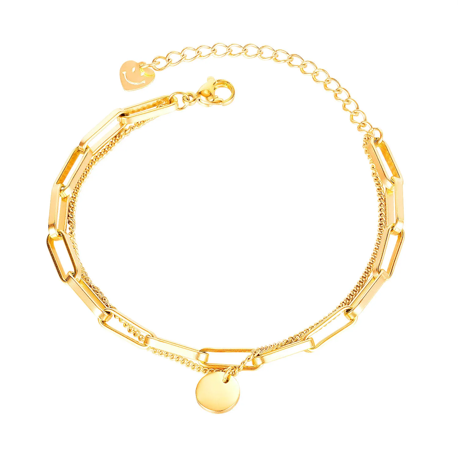 

Adjustable double layer round pendant lucky charm stainless steel bracelet gold plated bangles, Rose gold,silver,gold