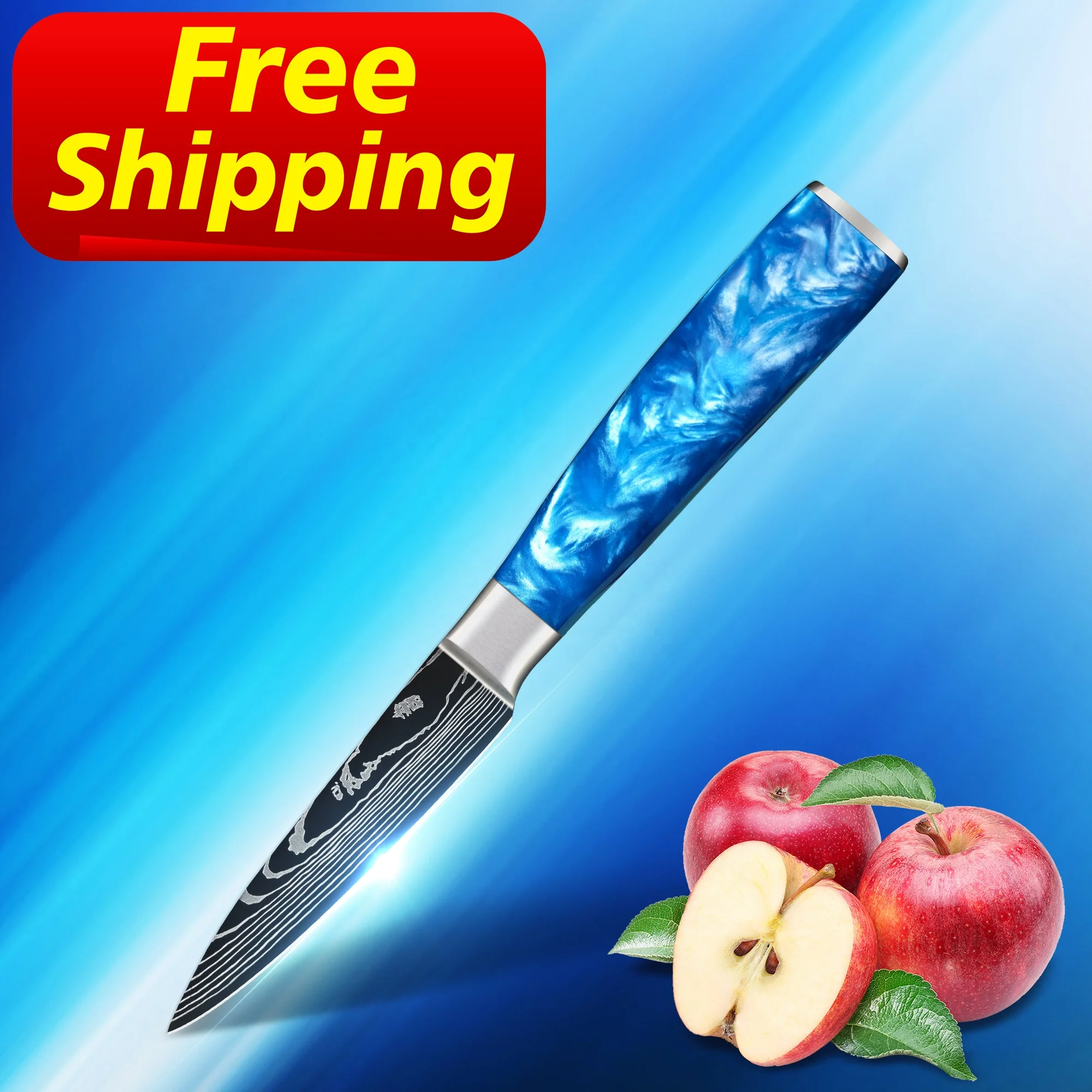 

Free Shipping Sapphire Blue Resin 3 inch damascus wooden handle paring knife shenzhen peeling knife new style peeling knife, Customized color