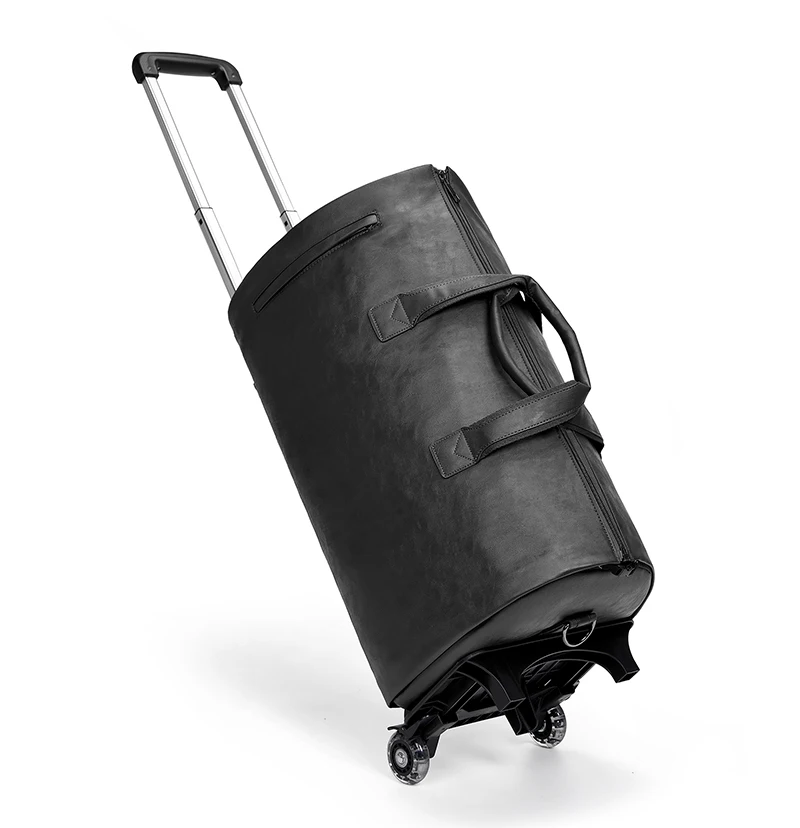 Wholesale Custom logo Rolling Wheeled Garment Trolley Duffle Suitcase PU Leather Men Travel Duffle Bag for Men