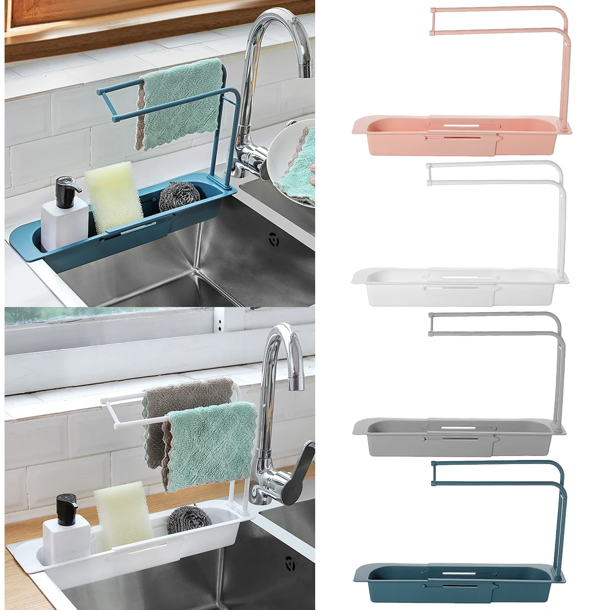 

Telescopic Sink Shelf Soap Sponge Drain Rack Storage Basket Bag Faucet Holder Adjustable Bathroom Holder Sink Tray for Kitchen, Blue,grey,white,pink