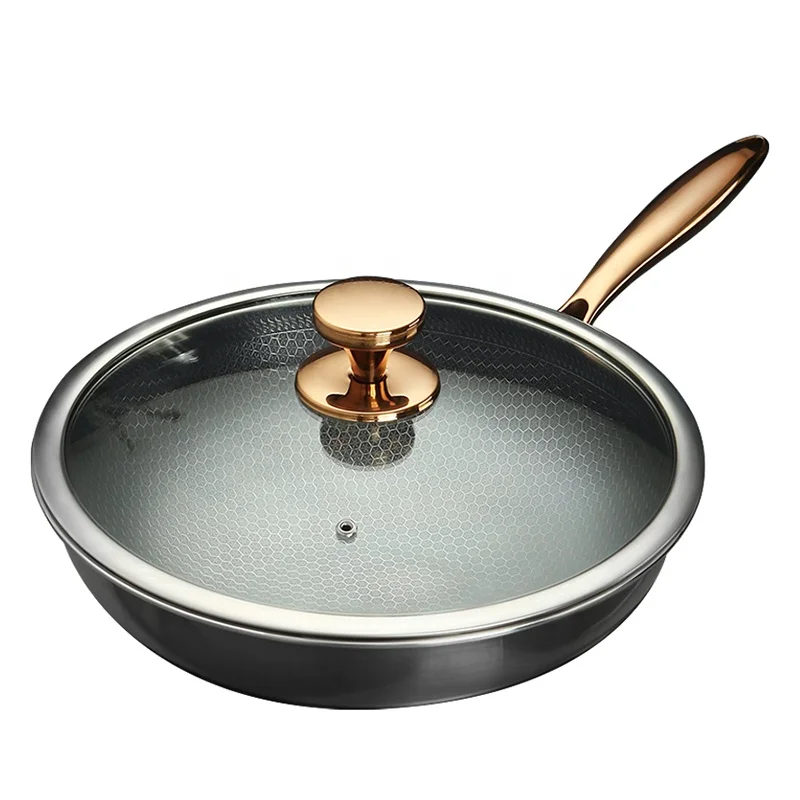 

Hot Selling 32CM Transparent Honey Comb Stainless Steel Frying Wok Nonstick with Gold-plated Lids Cover Metal Glass Tempered