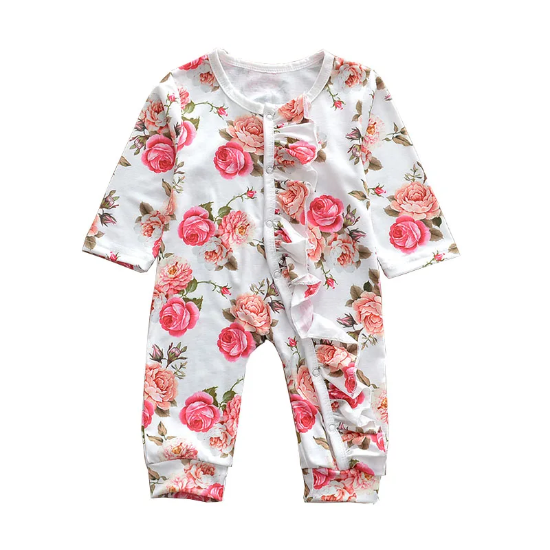 

RTS sweet floral print cotton one piece kids jumpsuit baby rompers girl, As picture show