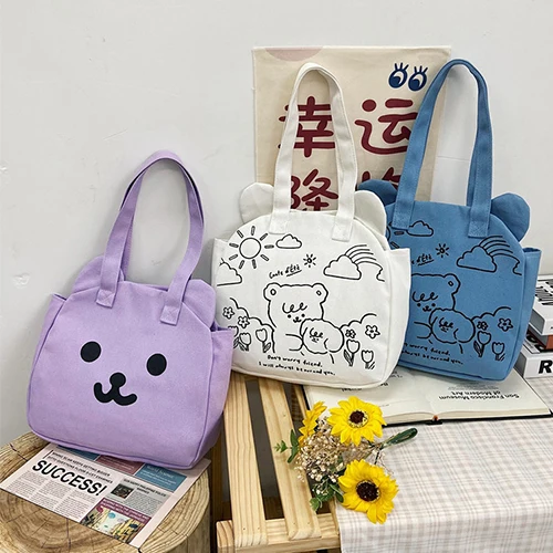 

Double Sided Ladies Shoulder Bag Cute Bear Pattern Tote Bags Eco Friendly Single Shoulder Bag For Women, White, blue, purple