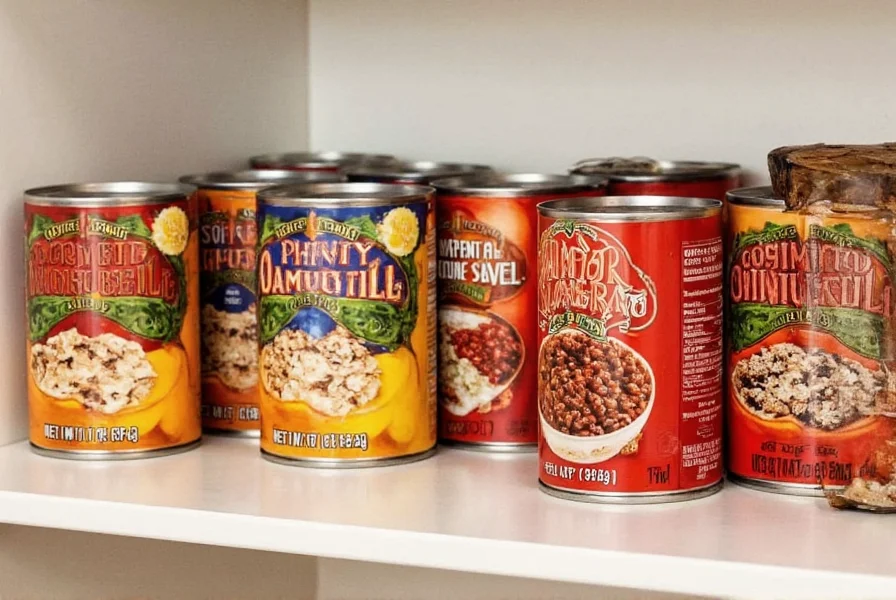Organized pantry shelf showing multiple Trader Joe's chili cans with visible expiration dates