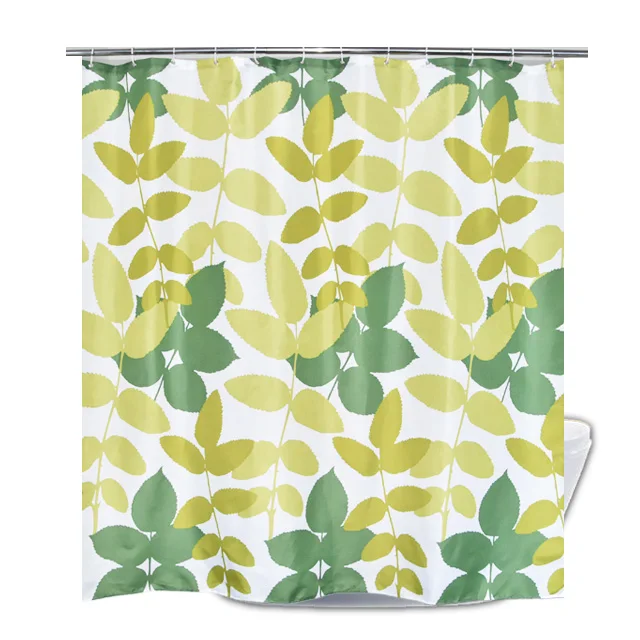 

Easy Clean Waterproof Nature Plant Green Leaves Print Bathroom Curtain With C Hooks, White and green