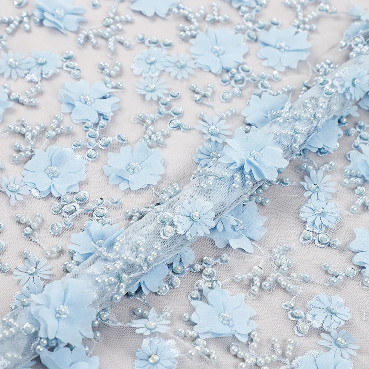 

Wholesale blue lace fabric with beads, luxury blue mesh lace beaded fabric for wedding/evening dress