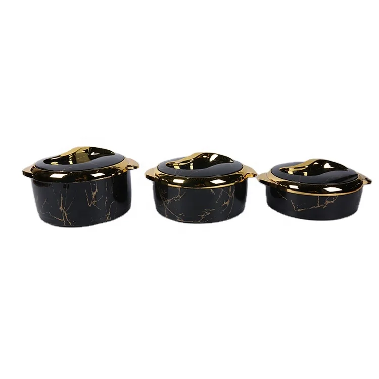 

Black Marble Pattern Gold Plated Food Keep Fresh Container 1.5L 2L 2.5L Keep Warm Casserole 3 Pcs Set With Lid