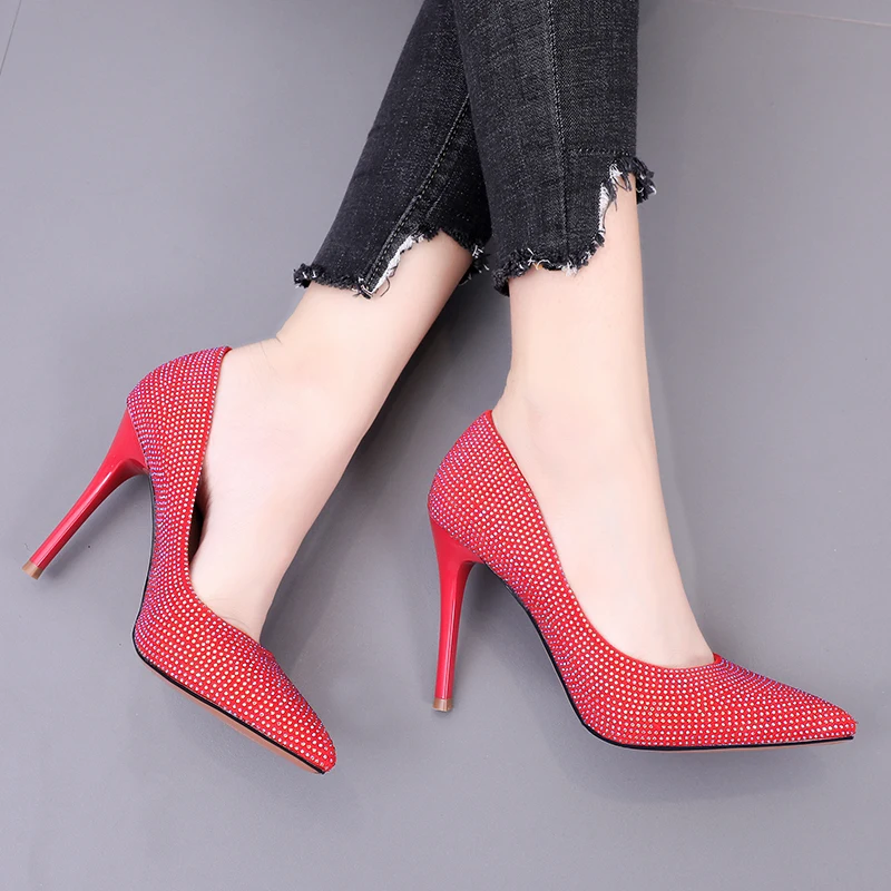 

DEleventh Shoes Woman Fashion Rhinestones Wedding Shoes Sexy Pointy Toe Slip-On Stiletto Heels Party Shoes Pumps Pink Blue Red