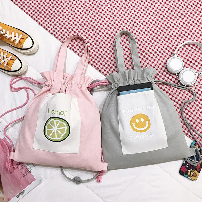 

2021 summer fashion custom bag for woman and student casual drawstring canvas bag wholesale, Customized color