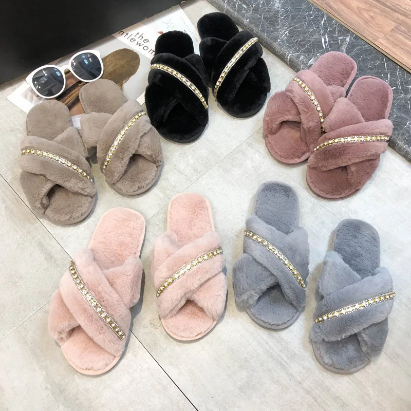 

Winter Home Slippers Shoes Ladies Cross Soft Plush Furry Female Open Toe Slides Women Warm Faux Fur Slippers, As picture