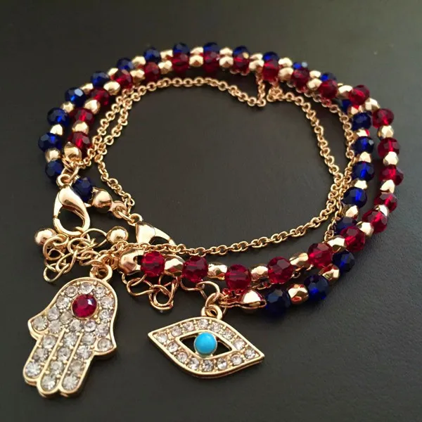 

Fashion jewelry Blue crystal glass Fatima palm Eye bracelet set in diamond, Red, blue