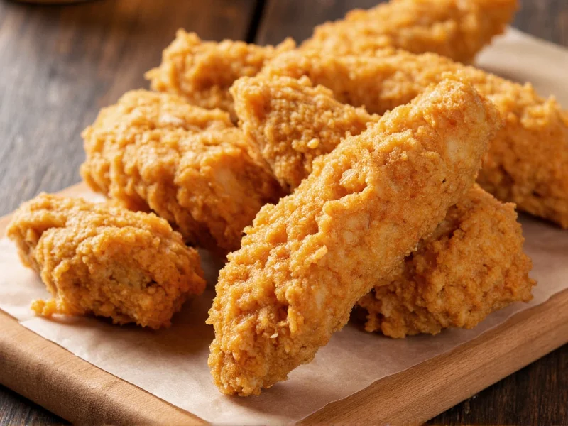 Golden crispy chicken tenders on wooden board