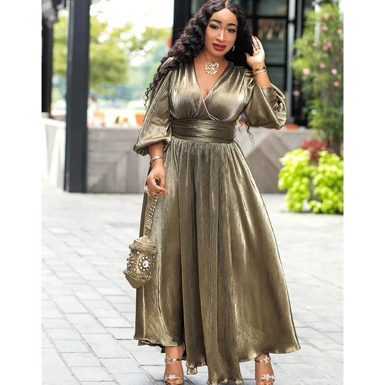 

Women's Evening Gold Party V Neck Split Ladies Maxi Dresses Long