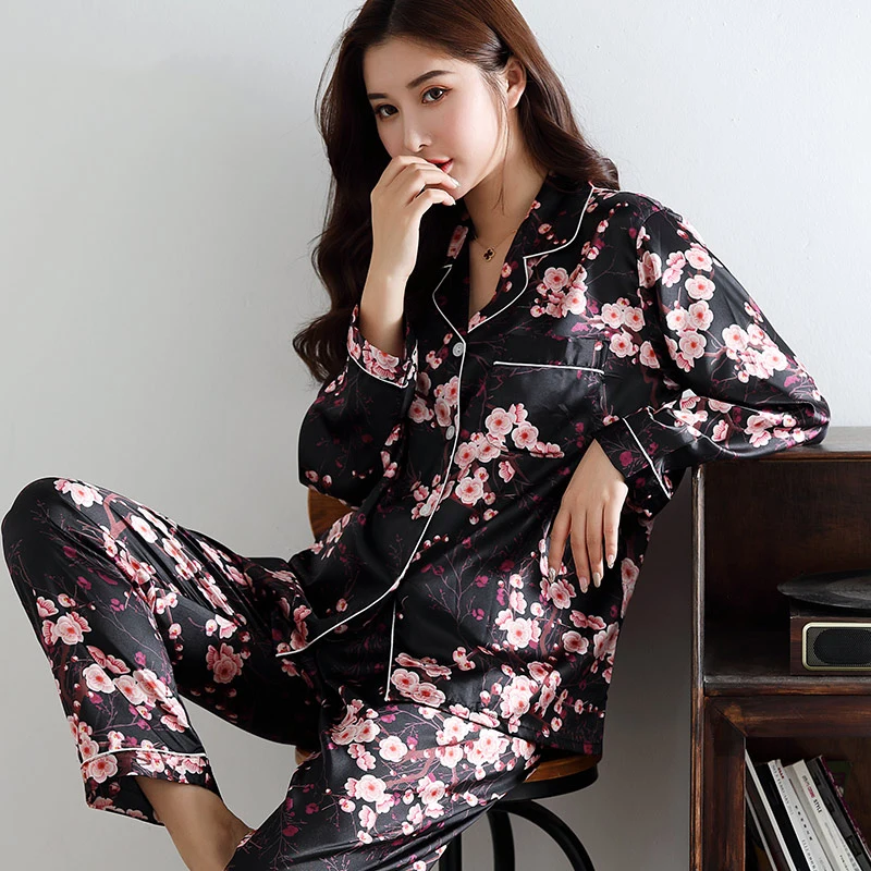 

Satin Silk Pajamas for Women's Set pyjamas Button Pigiama Donna pjs Winter Mujer Pijama Sleepwear Nightwear Pizama Damska 2Pcs, As show