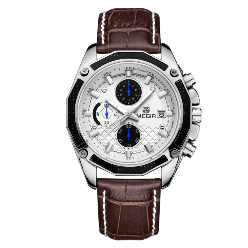 

Relojes Hombre MEGIR 2015 Luxury Military Leather Chronograph Sport Watch Fashion Quartz Watches For Men, Black, white, brown, silver