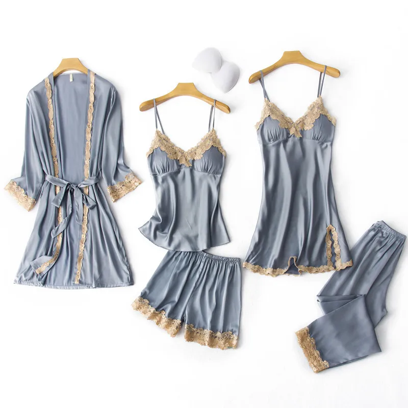 

Lace 5pcs soft silk women pajamas sets suspenders nightdress women's home wear night gowns ladies sleepwear, Red,navy blue, pink, and light blue grey