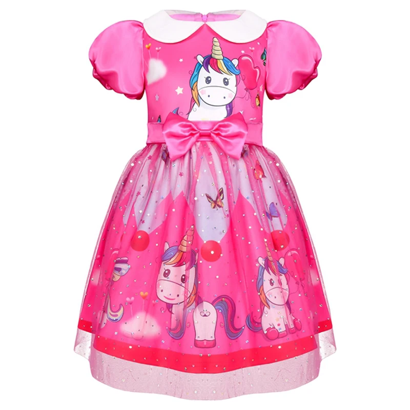 

2 Colours Cartoon Unicorn Girls Dress Cute Bow Mesh Princess Dress Christmas Party Kids Dresses For Girls 3-8 Years Kids Clothes