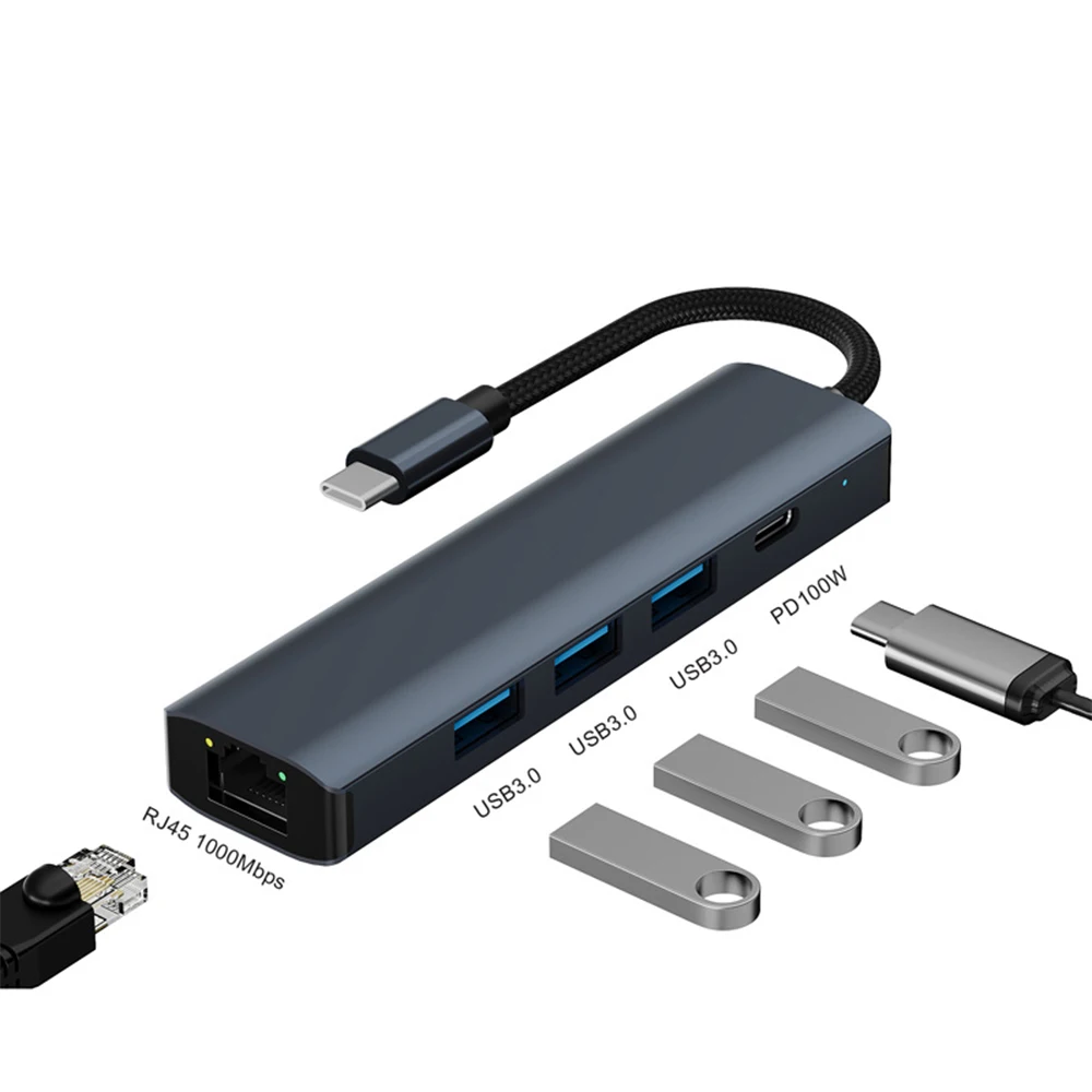 

Hub usb-c 5 en 1 Docking Station type C to USB3.0*3+RJ45 1000Mbps+PD charing Laptop USB Hubs Adapter