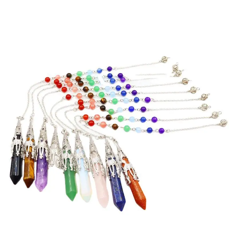 

Natural Crystal Stone long Bullet Pendulum Healing Crystal Stone Pendant Hang Decorations with Natural Stone Beads