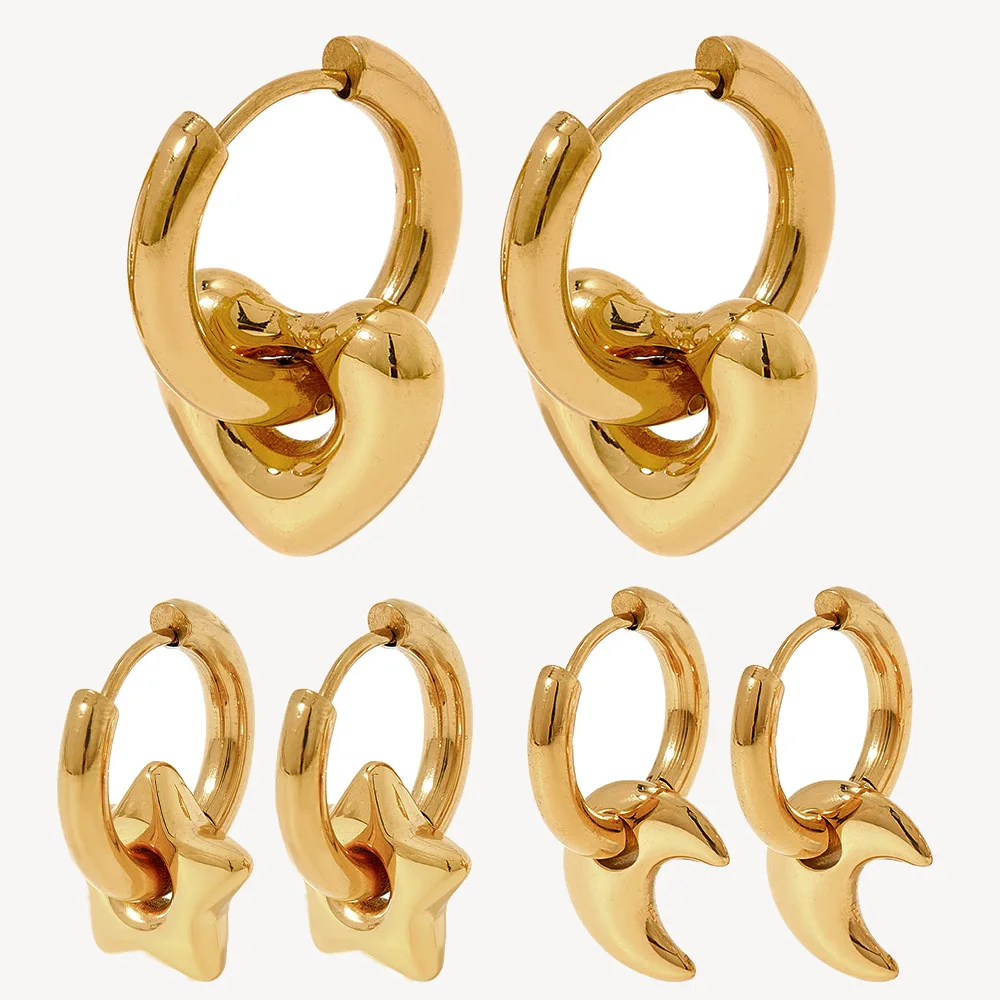 

ERESI Removable Hollow Star Moon Heart Ring Pendant Earrings Stainless Steel Waterproof 14K Gold Pvd Plated Hoop Earrings