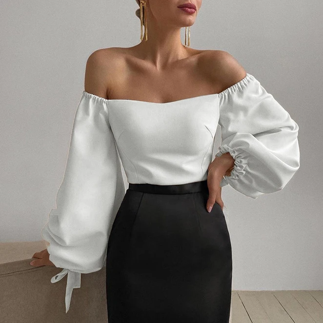 

FS2167D Fashion off the shoulder crop tops Female Long sleeve casual T shirts