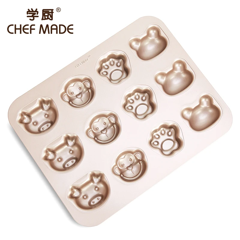 

CHEFMADE Kitchen Bakeware Carbon Steel 12 Cup Cavity Non-stick Four Shapes Oven Baking Mould Cake Mold Pan, Champagne gold