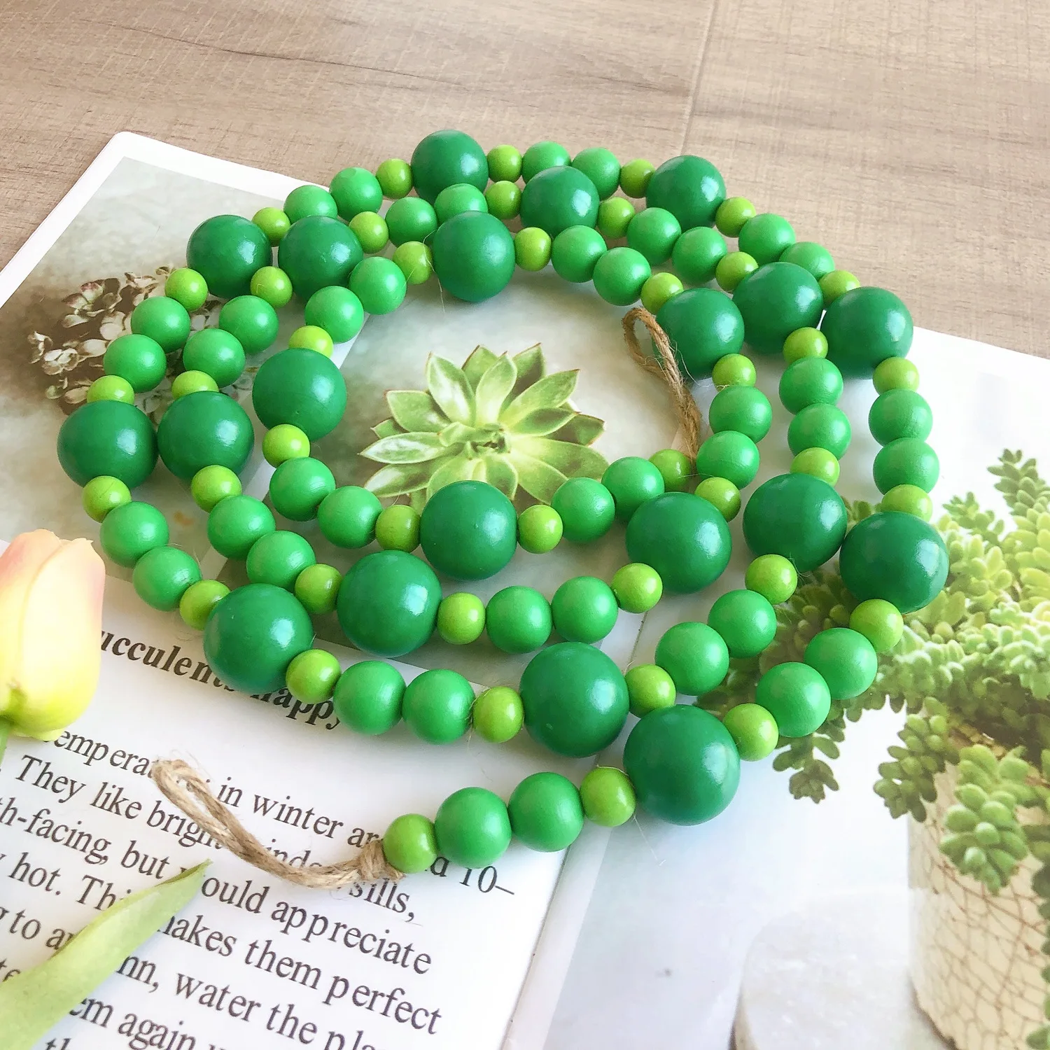 

Nordic Style Green Series Wood Bead Garland Wooden Crafts Wall Hanging Home Decor