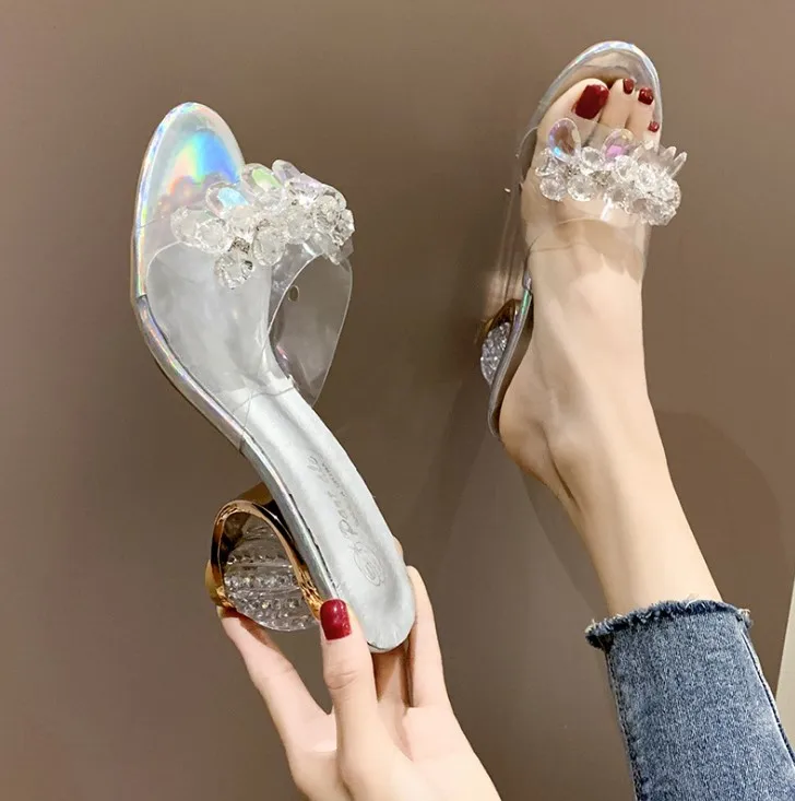 

hb2084n Transparent Crystal Slippers 2020 Women Fashion Strange Style Heels Rhinestone Bling Open Toe Causal Slip On Shoes, Transparency