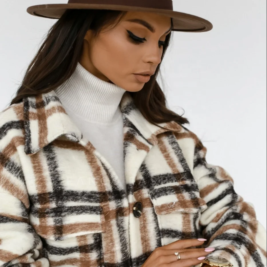 

AI222-20247 Wholesale autumn and winter long sleeve ladies plaid woolen coat with pocket jacket woman jacket